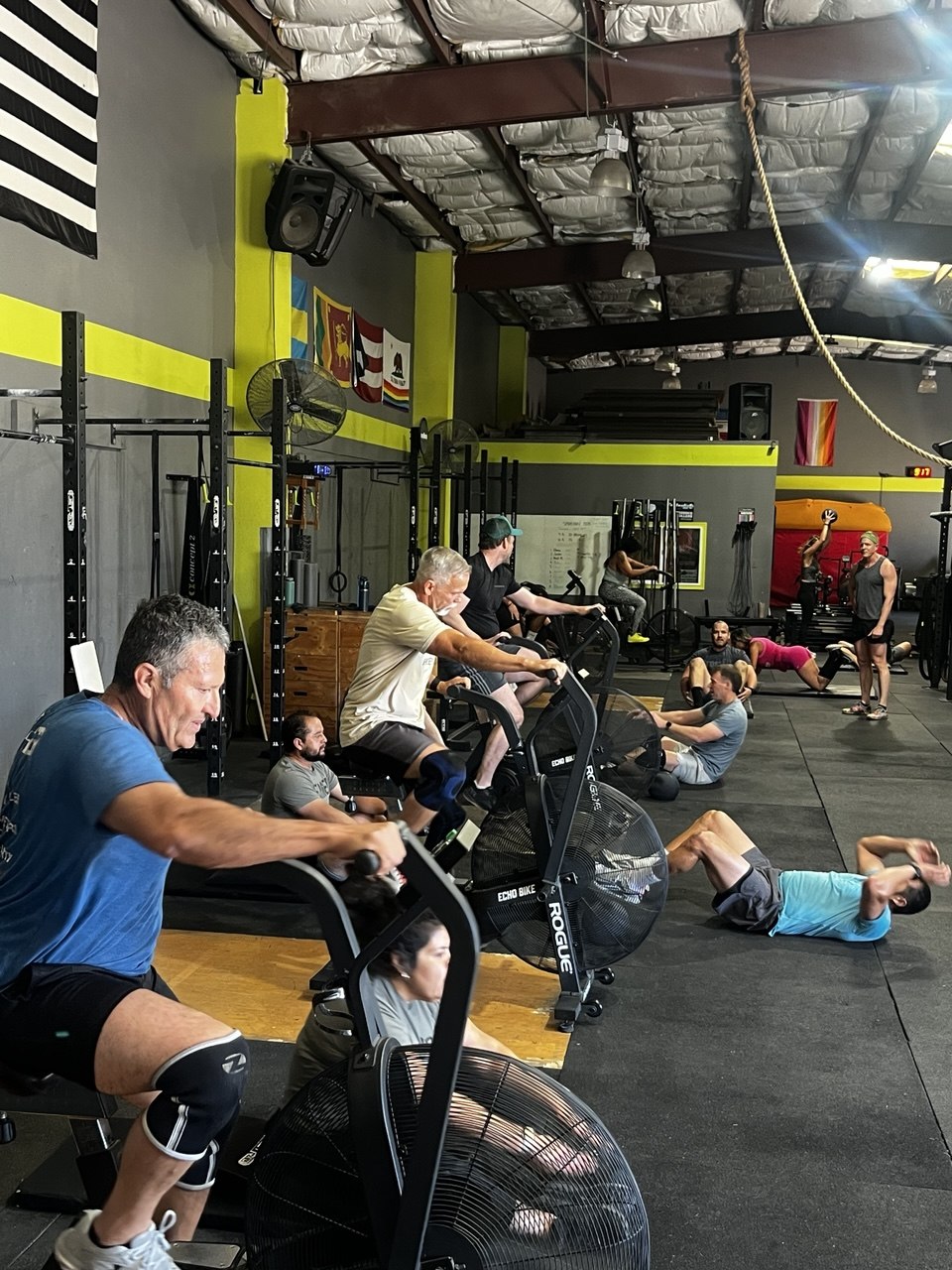 Busy morning class on the air bikes and mats