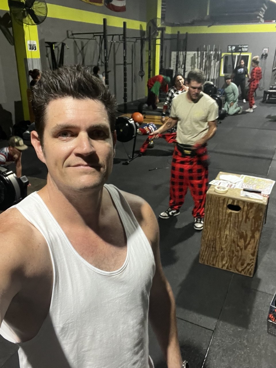 Winter Pajama Party selfie with the crew mid-workout