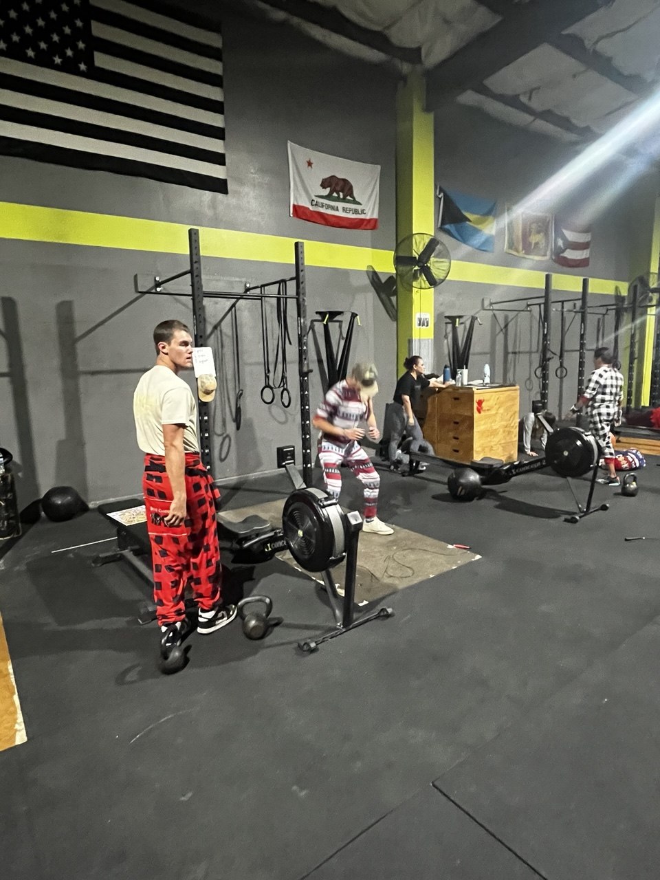 Winter Pajama Party members working out in holiday pajamas