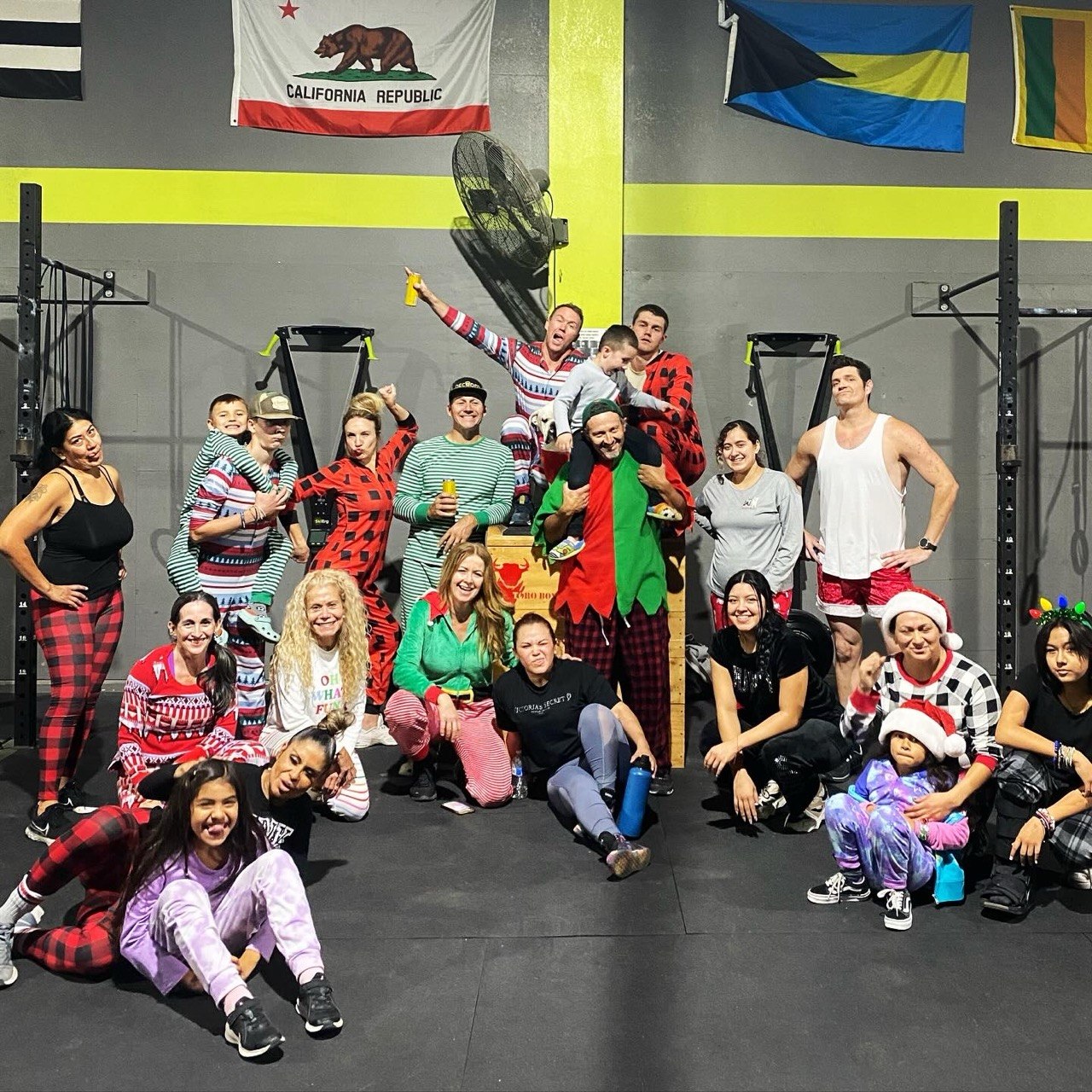 Winter Pajama Party big group photo in front of the rig