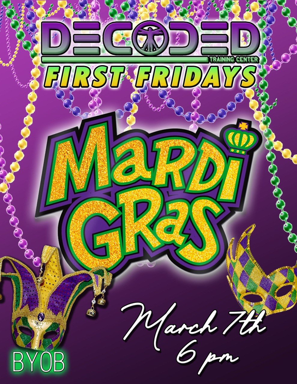 First Friday Mardi Gras event flyer, Friday March 7th