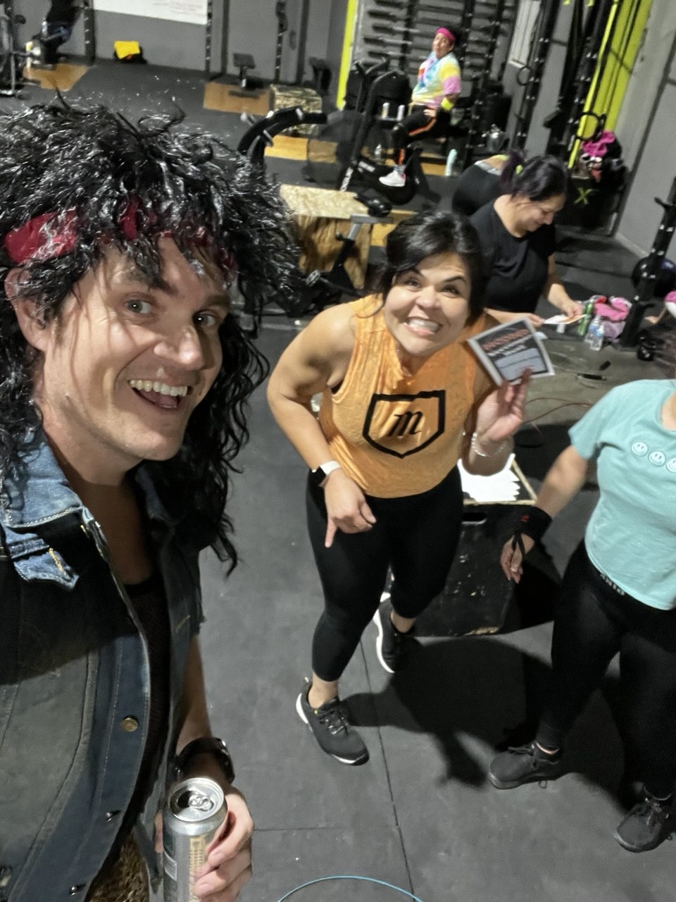 First Friday 80's Night rocker selfie with big hair and headband