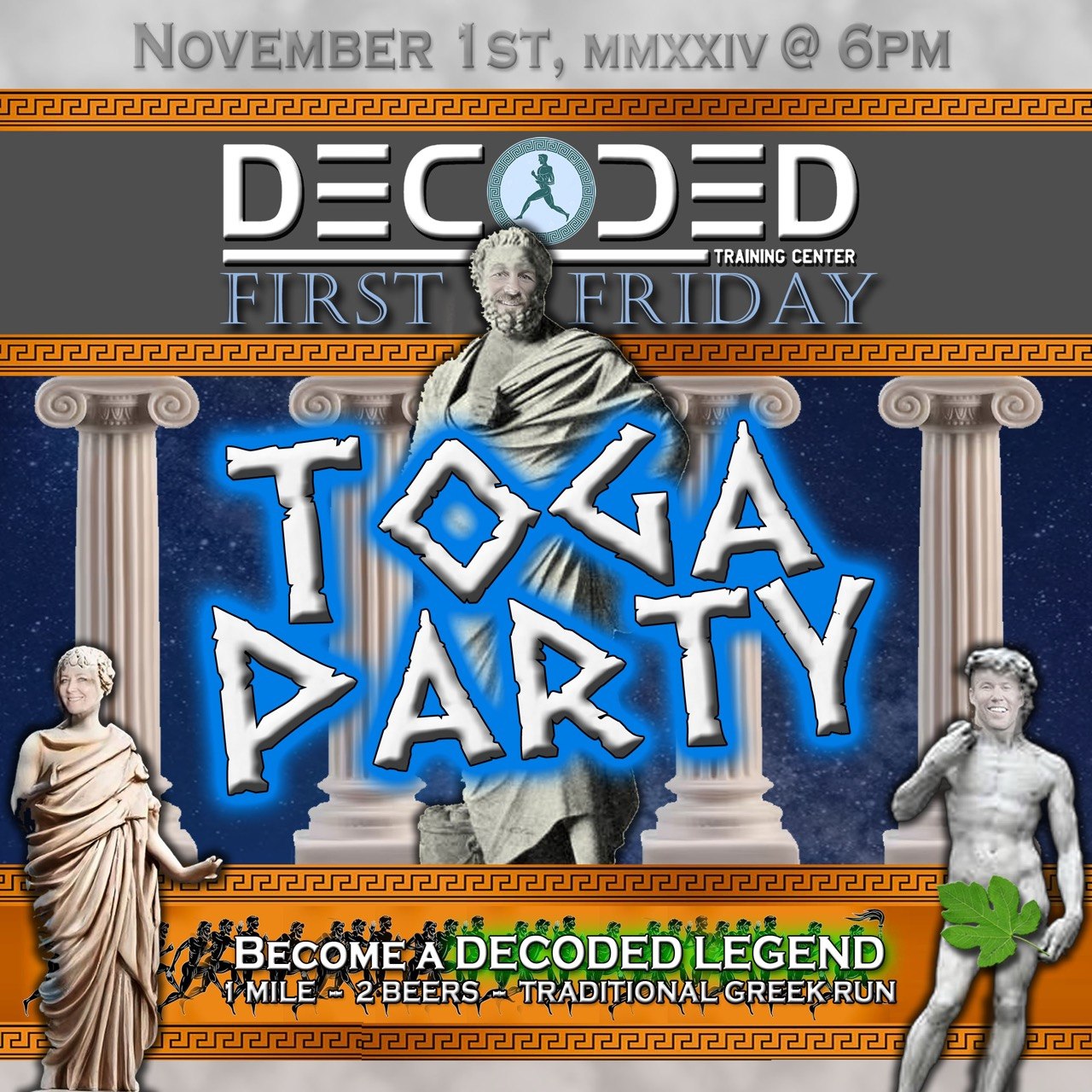 First Friday Toga Party event flyer, Friday Nov 1st
