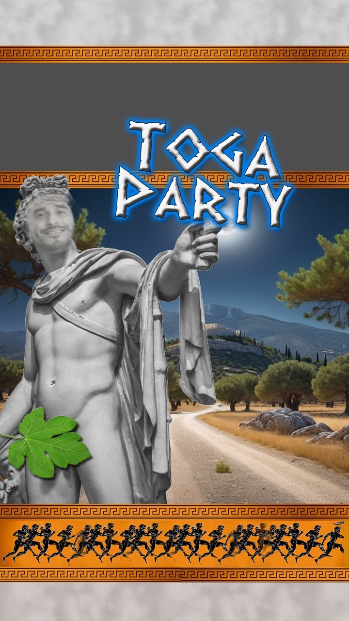 First Friday Toga Party statue flyer