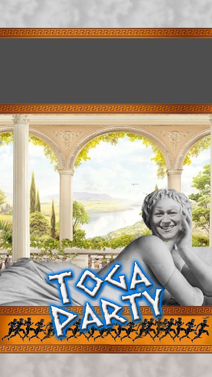 First Friday Toga Party reclining statue flyer