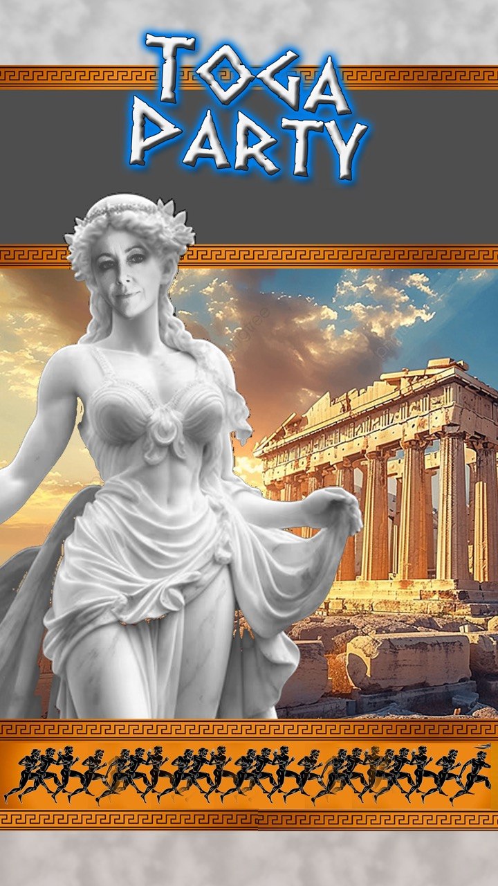 First Friday Toga Party goddess statue flyer