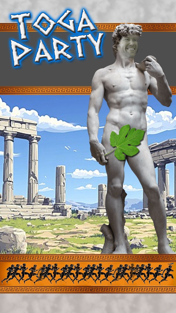 First Friday Toga Party David statue flyer