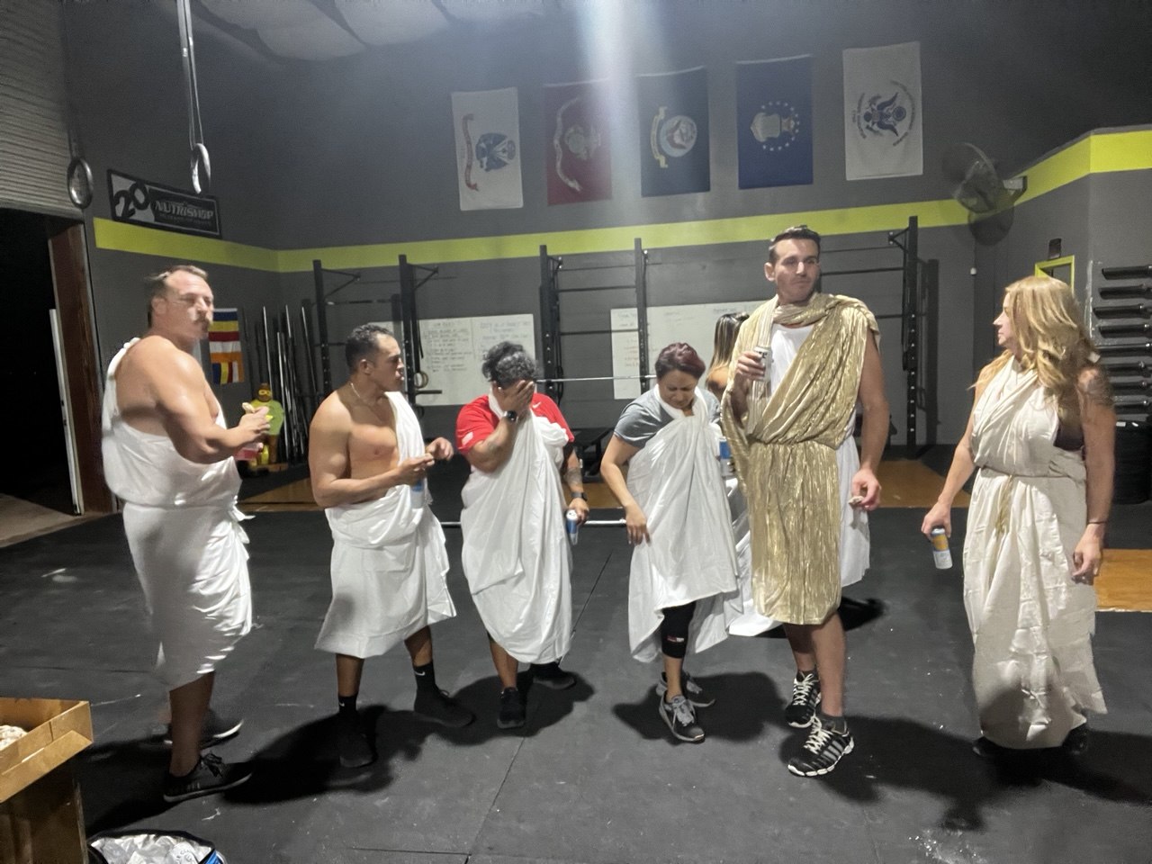 First Friday Toga Party members in togas
