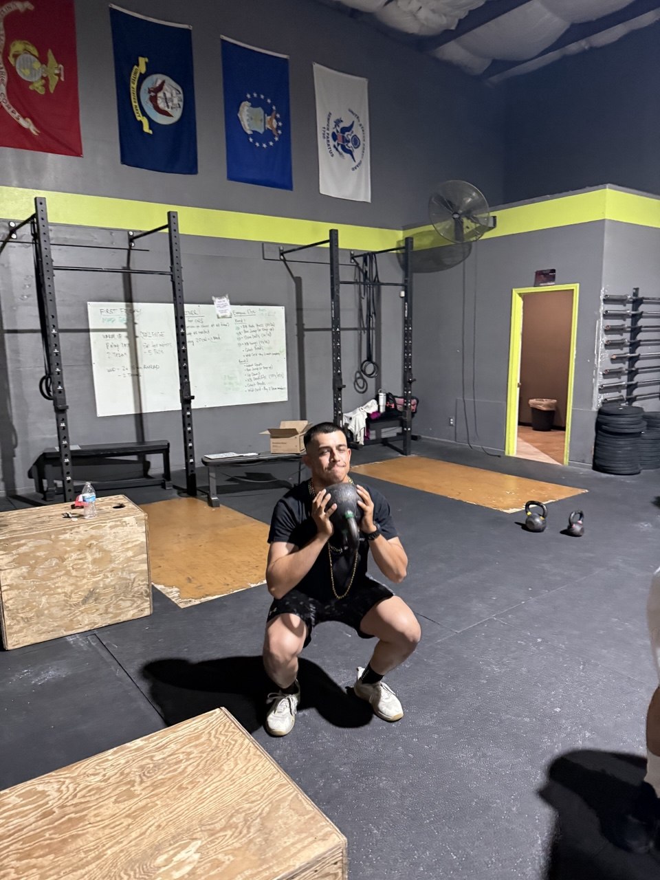 First Friday goblet squat by the military branch flags