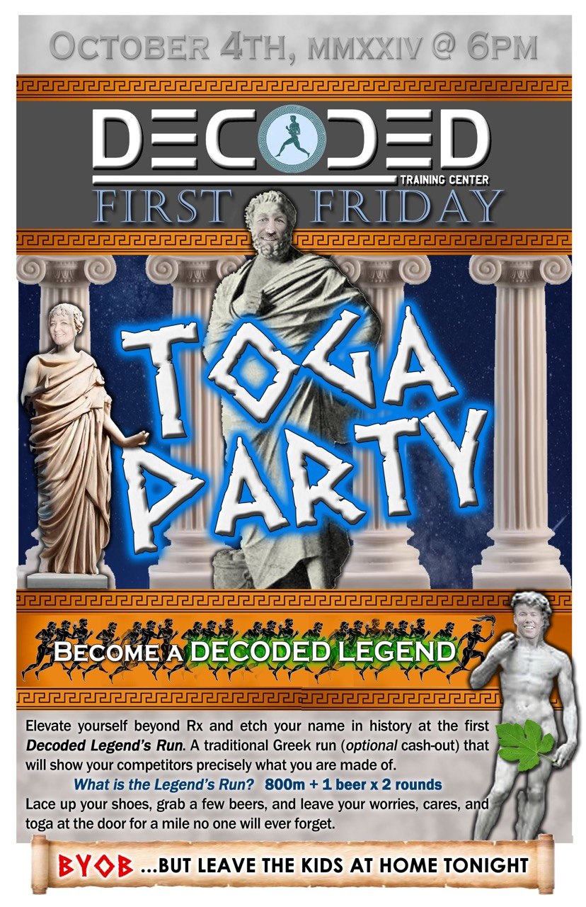 Decoded Toga Party First Friday flyer — October 4th